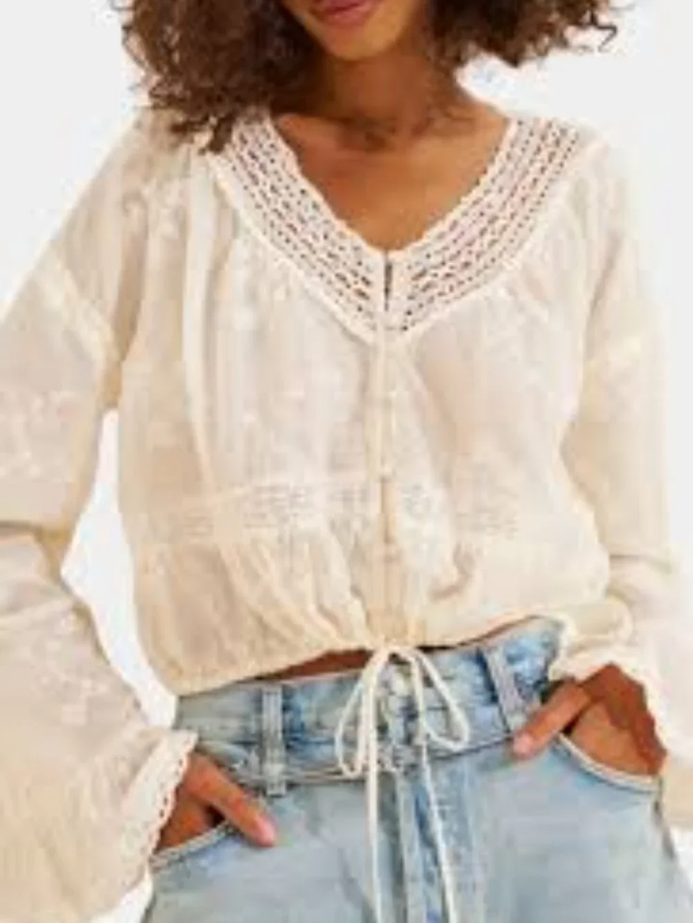 Free People Sweet Love Blouse Crochet-Trim Embroidered Peasant Blouse Size XL
